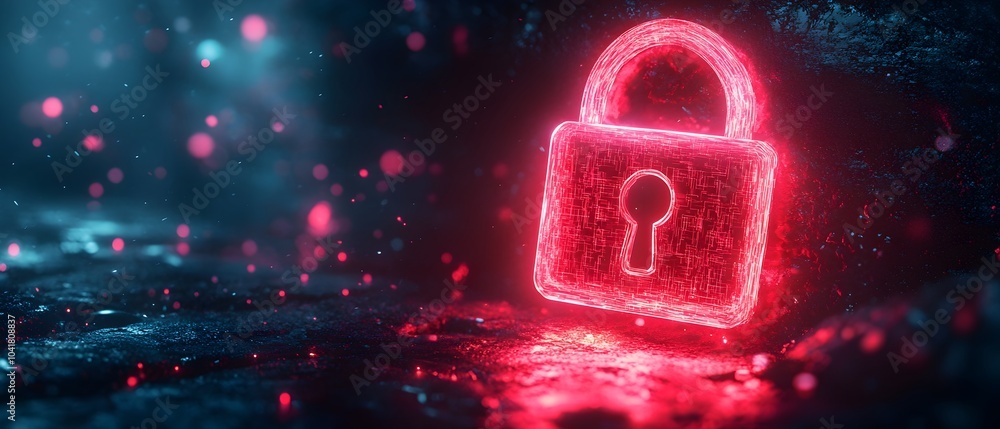 Poster glowing neon lock symbol on dark digital cybersecurity background with 3d rendering