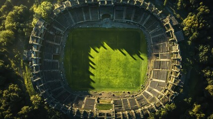 Horseshoe stadium with manicured field lush grass and weathered stone under a blue sky
