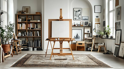 Modern Artist's Studio with Easel, Wooden Floor, and Rug