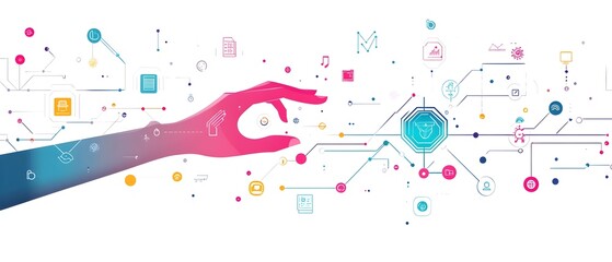 Futuristic Hand Interacting with Technology Icons in Minimalistic Graphic Style on White Background
