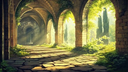 Obraz premium Arches in a gymnasium with sunlight creating intricate patterns on the stone floor and greenery
