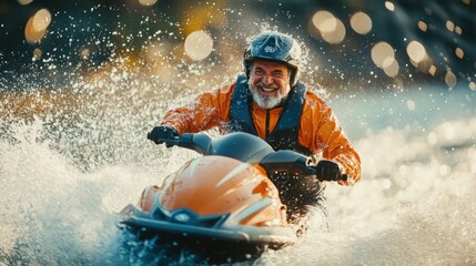 Senior male riding a jetski in water. Summer tropical sports.