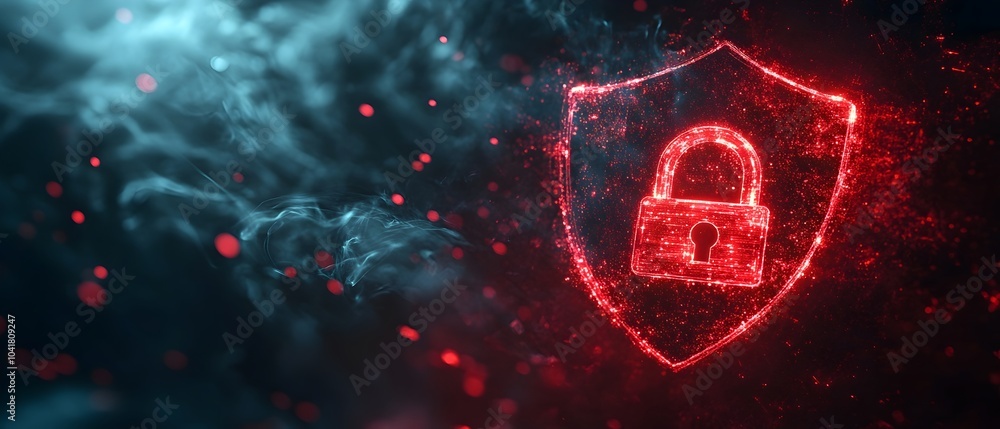 Aufkleber digital shield and padlock for secure information privacy on dark technological background