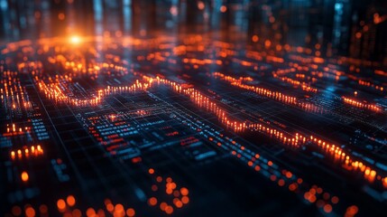 A computer screen with a lot of orange and blue lights