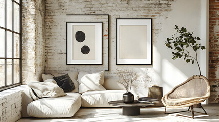 Modern Living Room Decor with White Walls and Black Frames
