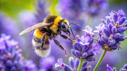 Bumblebee collecting pollen from lavender flower in garden Extreme Close-Up
