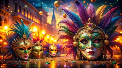 Colorful Venetian Carnival Masks with Feathers and Gems for Stunning Documentary Photography