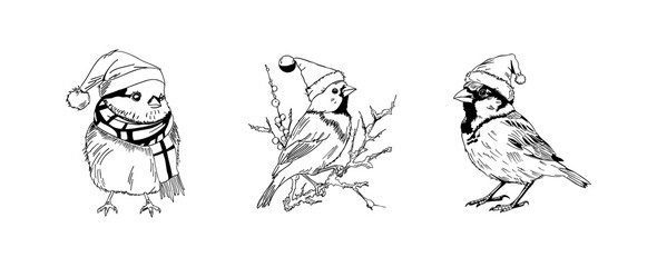 Sketch Bird Line Christmas Illustration with Santa Hat Vector Design, perfect for holiday cards, winter decorations, and festive prints