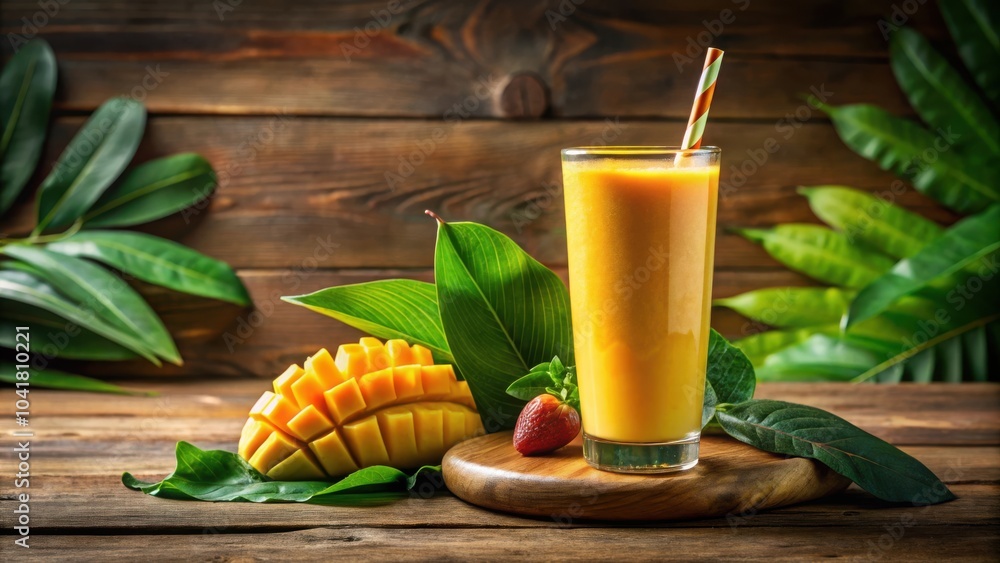 Poster a refreshing mango smoothie with a straw in a tall glass on a wooden table surrounded by lush green 