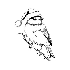 Sketch Bird Line Christmas Illustration with Santa Hat Vector Design, perfect for holiday cards, winter decorations, and festive prints