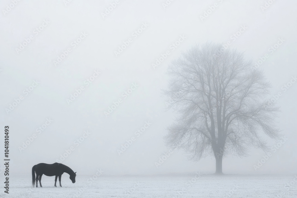 Poster a horse is grazing in a field with a tree in the background