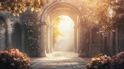 Fototapeta premium Carved archway into a gymnasium surrounded by vines with sunlight highlighting the details