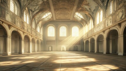 Obraz premium Gymnasium with tall columns and frescoes sunlight streaming through archways creating patterns