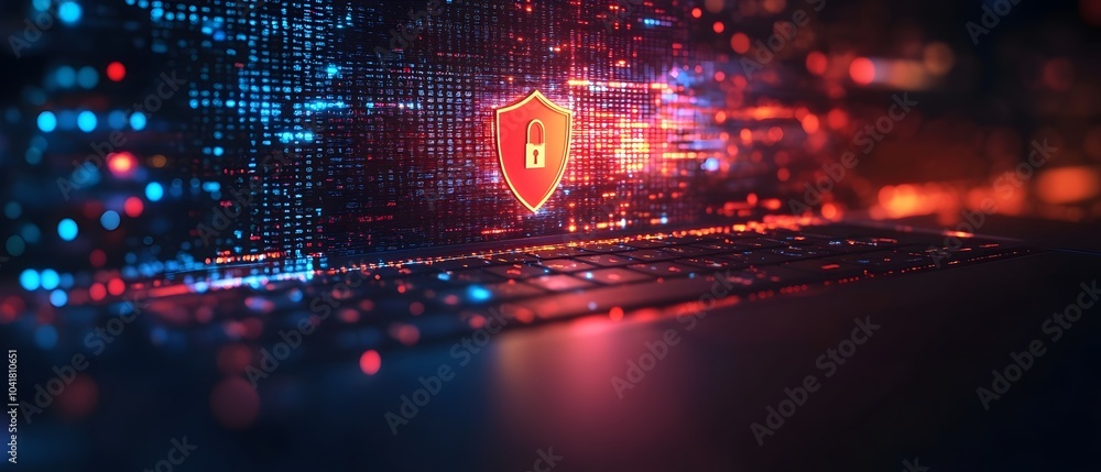 Poster cybersecurity shield and lock icon on a bright digital network background