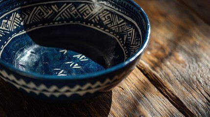 Close-up of a blue kylix with intricate white designs lit naturally