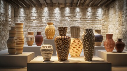 Wide view of Greek vases in museum showcasing various geometric patterns