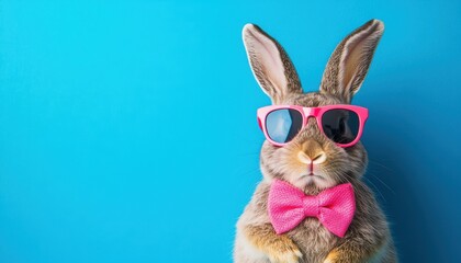 A stylish rabbit wearing pink sunglasses and a bowtie against a blue backdrop