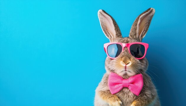 A stylish rabbit wearing pink sunglasses and a bowtie against a blue backdrop