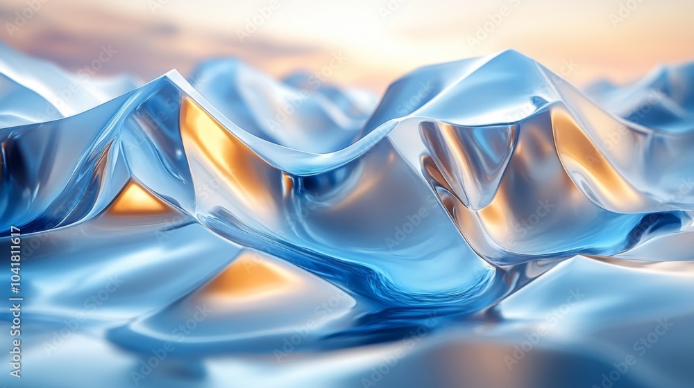 Poster intricate blue ice formations emerge from a tranquil surface, catching the golden sunlight as it set