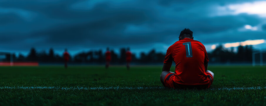 A solitary goalkeeper sits dejectedly on the pitch, contrasting the vibrant grass with the looming dark clouds above. The bittersweet atmosphere captures the essence of competition.