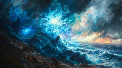 Naklejka premium A dramatic oil painting of a raging storm on a dangerous cliff with a bright blue electron daringly making its way through the chaos.