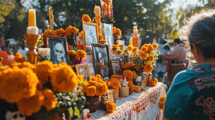 Fototapeta premium Wide-angle view of a family gathered around a Day of the Dead altar filled with ancestor photos, marigolds, and offerings, soft light evoking warmth and cultural tradition. Day of the Dead