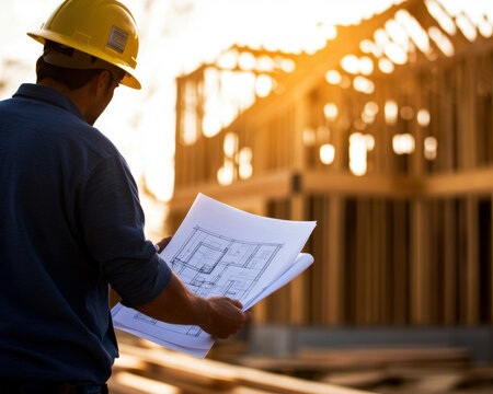 A construction worker reviews blueprints at a building site, bathed in golden light, showcasing dedication in transforming plans into reality and ensuring the project's success.