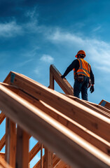 A skilled construction worker stands atop a wooden frame, showcasing dedication and expertise in a clear blue sky. Safety gear highlights the importance of workplace safety in construction.