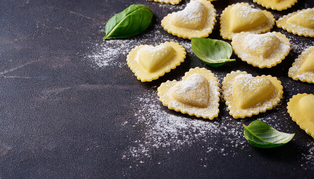 Tasty heart-shaped ravioli. Delicious raw Italian pasta with flour and basil. Cooking and culinary.