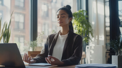 A business leader practicing mindfulness in business, meditating at their desk, and incorporating calm, focused decision-making into their workday