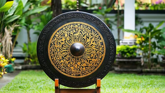 A close up of a traditional gong with intricate gold patterns, standing on a wooden stand in a garden setting.