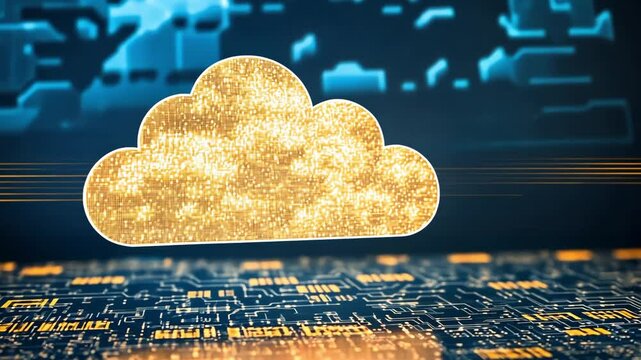  cloud computing concept, featuring a golden cloud shape over a circuit board background.