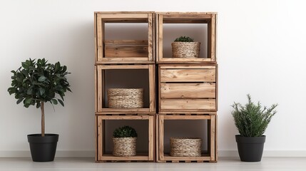 A wooden shelving unit displays potted plants, enhancing a modern, minimalist interior with greenery and natural textures.