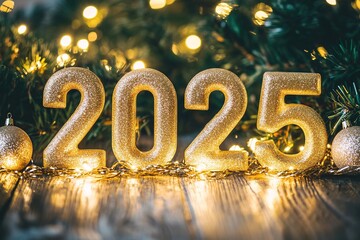 Golden 2025 numbers with festive lights and ornaments