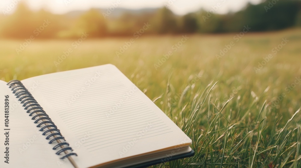 Poster a serene image of an open notebook resting on lush green grass, bathed in warm sunlight, inviting cr