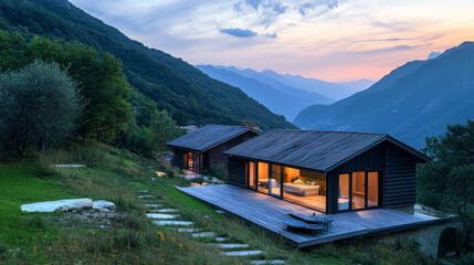 A holistic retreat in a remote mountainous location, with wooden cabins and a tranquil landscape, promoting natural healing and mindfulness