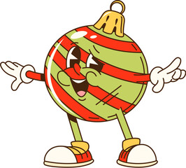 Cartoon groovy Christmas ball character with vibrant stripes and sneakers, celebrating retro party. Isolated vector bauble, holiday decorations personage radiates Xmas fun, joy, and festive spirit