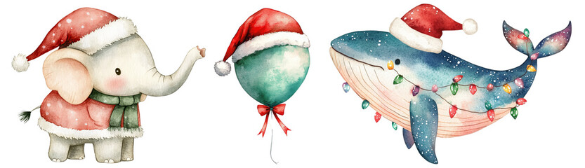 Watercolor christmas animals theme, Festive animals in Christmas hats, colorful and joyful, perfect for holiday.