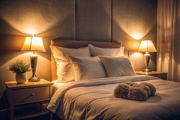 Cozy Bedroom Setup with White Comforter and Soft Lighting for Low Light Photography