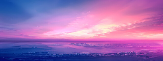 A breathtaking panorama of a vibrant sunset over the ocean, with shades of pink, purple, and blue blending beautifully.