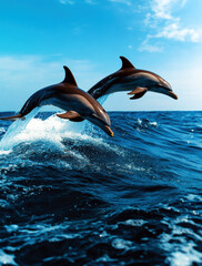 Fototapeta premium Two dolphins leap gracefully above the sparkling ocean surface, illustrating the beauty of marine life. Their sleek bodies catch the sunlight as they dance through the waves.