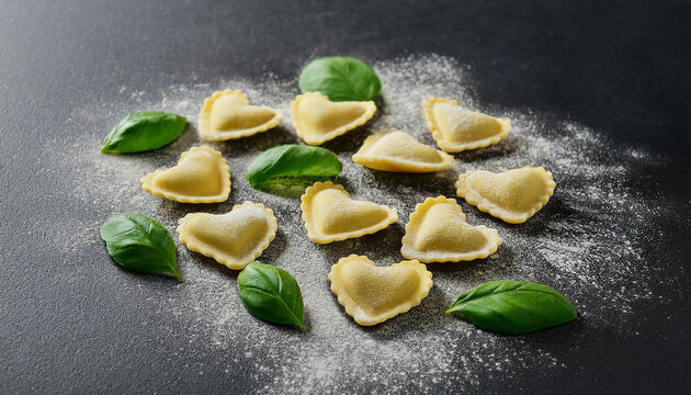 Tasty heart-shaped ravioli. Delicious raw Italian pasta with flour and basil. Cooking and culinary. - Powered by Adobe