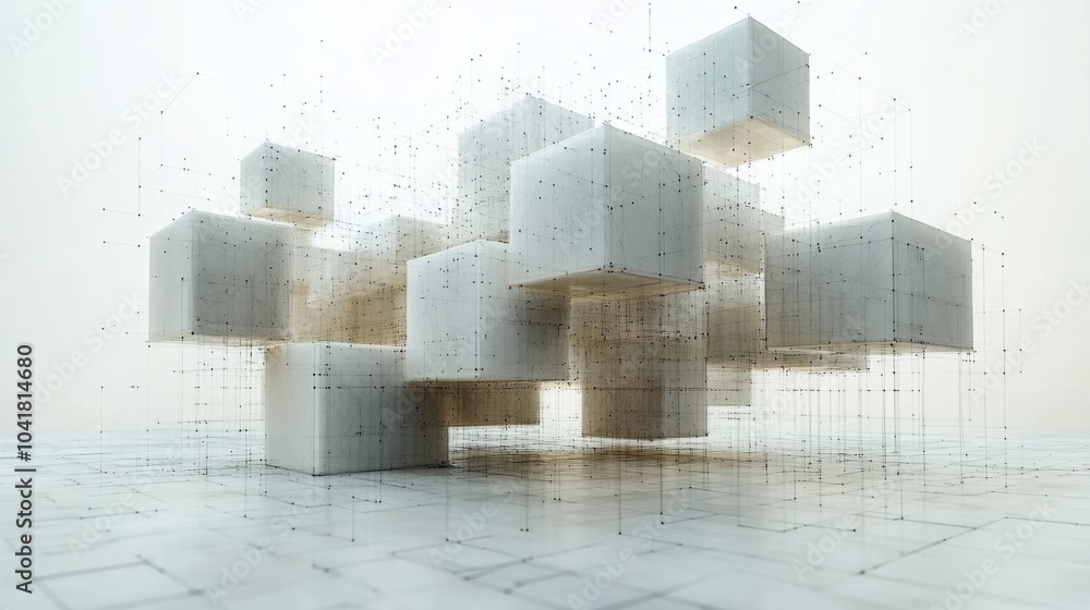 Poster A visually captivating composition features floating white cubes arranged in a chaotic formation against a light backdrop, highlighting modern artistic concepts.