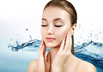 Naklejka premium Young woman near blue water splash.