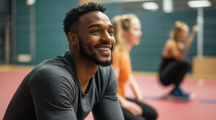 A resilience training session where individuals practice overcoming challenges, with motivational exercises and encouragement from a dynamic trainer