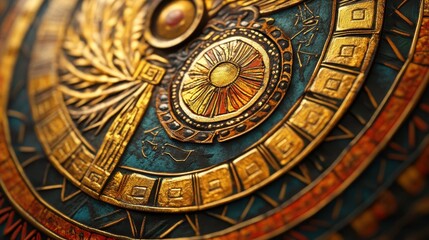 Close-up of Greek shield's center with painted emblem and geometric patterns vivid colors