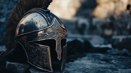 Greek helmet with detailed engravings soft light highlighting features against dark background