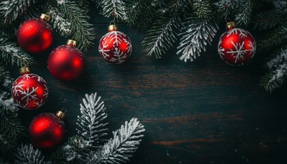 A festive arrangement featuring red Christmas ornaments and frosted pine branches on a dark wooden background.