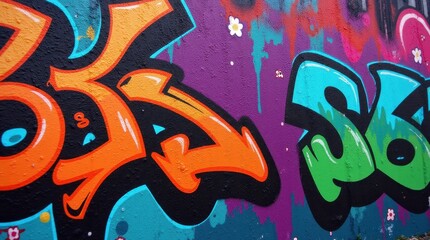 Obraz premium A close-up of a graffiti wall bursting with vivid colors such as bright orange, deep purple, and radiant blues.