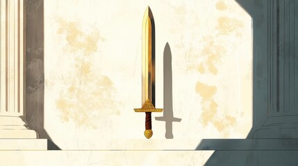 Traditional Greek sword against light background reflecting light ornate hilt creates elegance
